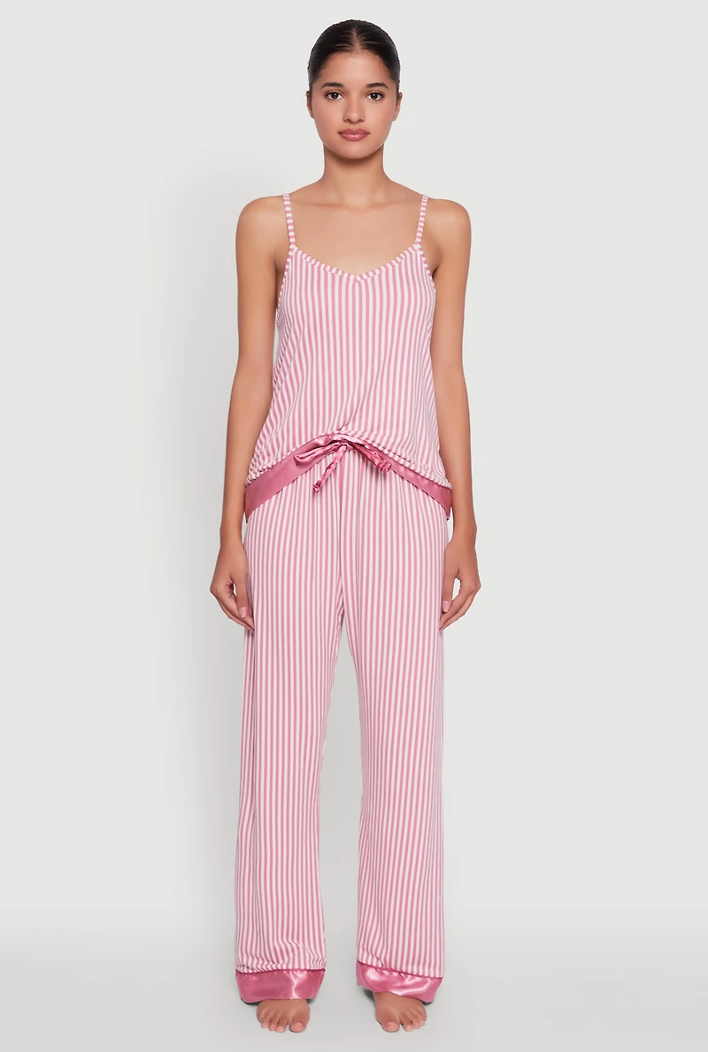 Womens Striped Satin Trim Pajama Cami and Pants, Pink, Size S