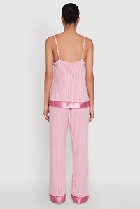Womens Striped Satin Trim Pajama Cami and Pants, Pink, Size M