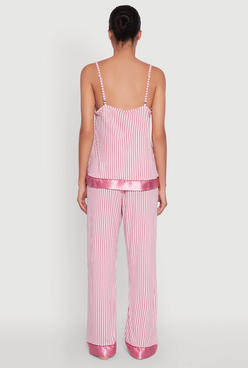 Womens Striped Satin Trim Pajama Cami and Pants, Pink, Size S