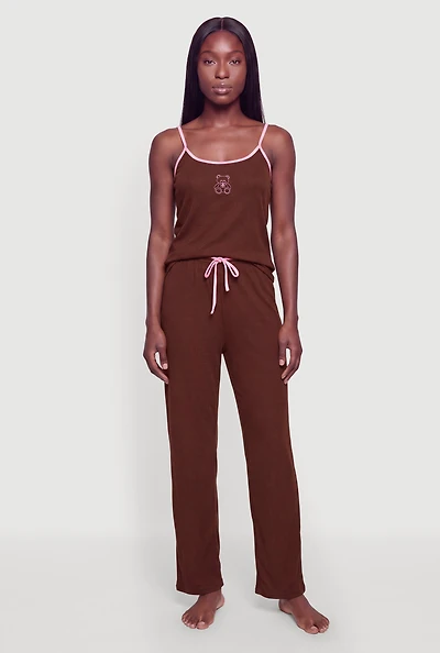 Teddy Bear Embroidered Pajama Cami and Pants Set