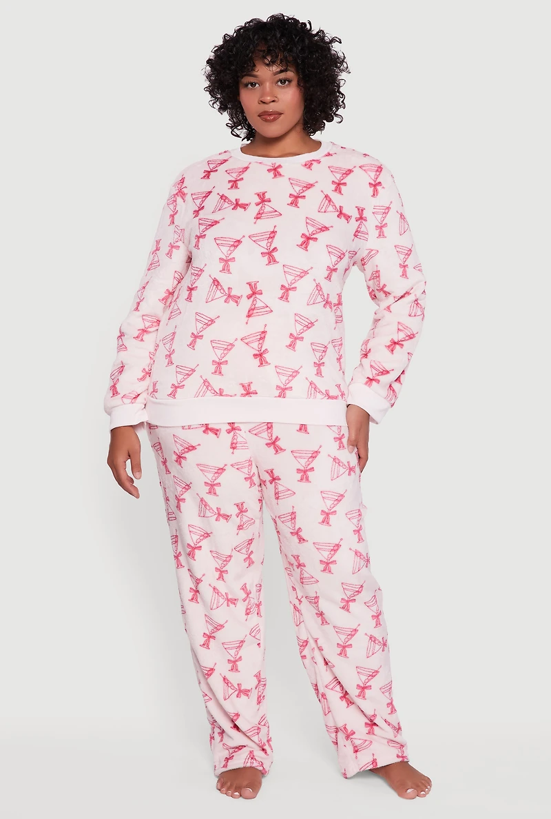 Womens Plus Plush Martini Print Pajama Top and Pants, Pink,