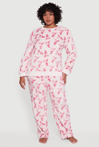 Womens Plus Plush Martini Print Pajama Top and Pants, Pink,