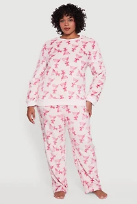 Womens Plus Plush Martini Print Pajama Top and Pants, Pink,