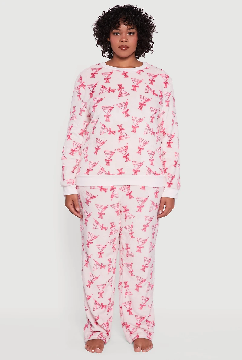 Womens Plus Plush Martini Print Pajama Top and Pants, Pink,