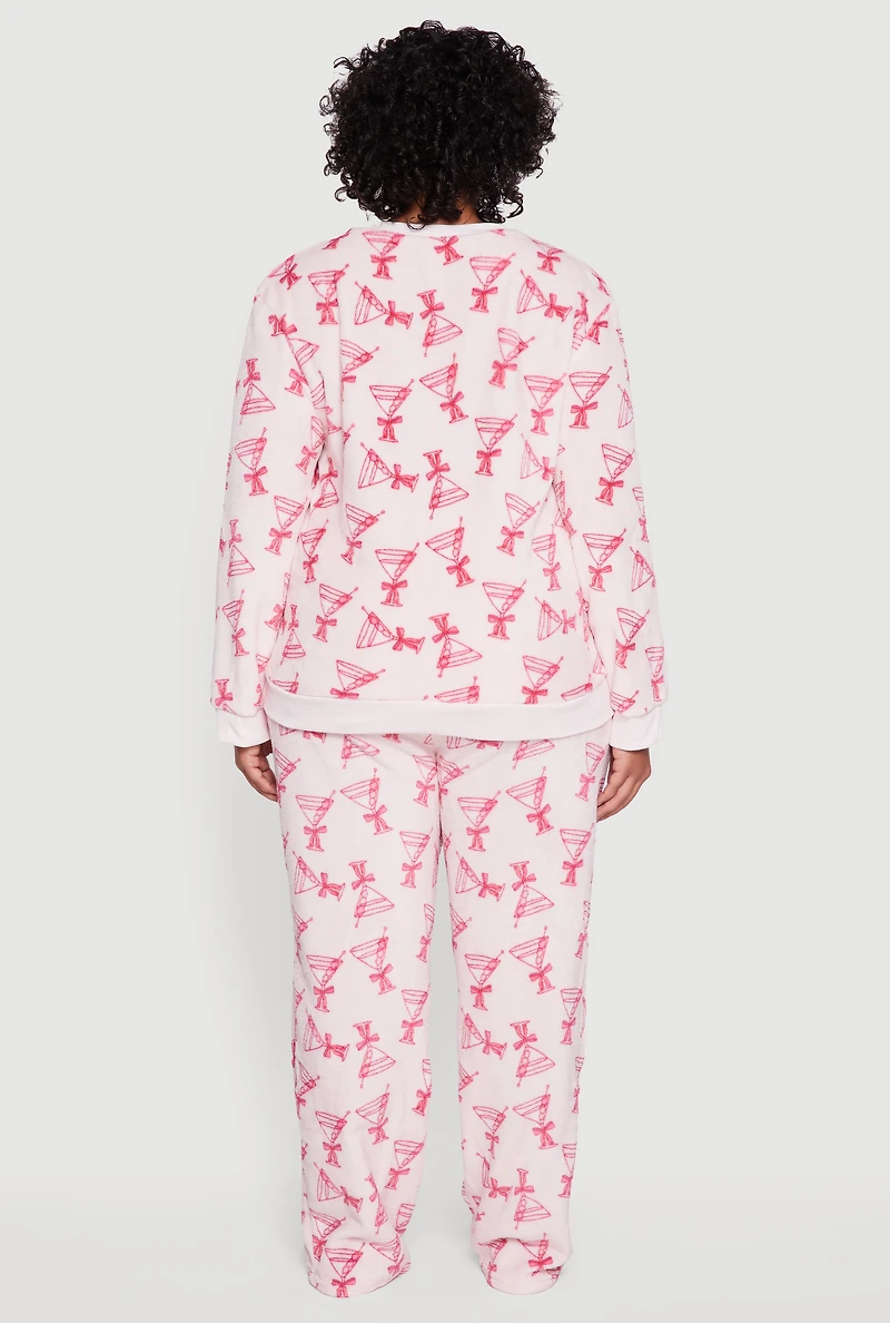 Womens Plus Plush Martini Print Pajama Top and Pants, Pink,