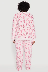Womens Plus Plush Martini Print Pajama Top and Pants, Pink,