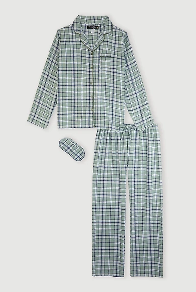 Plaid Button Front Flannel Pajama Gift Set with Mask,