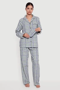 Plaid Button Front Flannel Pajama Gift Set with Mask, Green, Size L