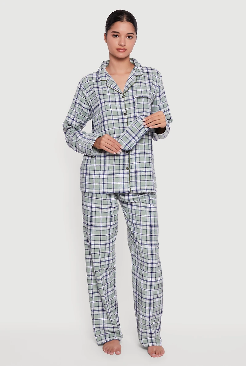 Plaid Button Front Flannel Pajama Gift Set with Mask
