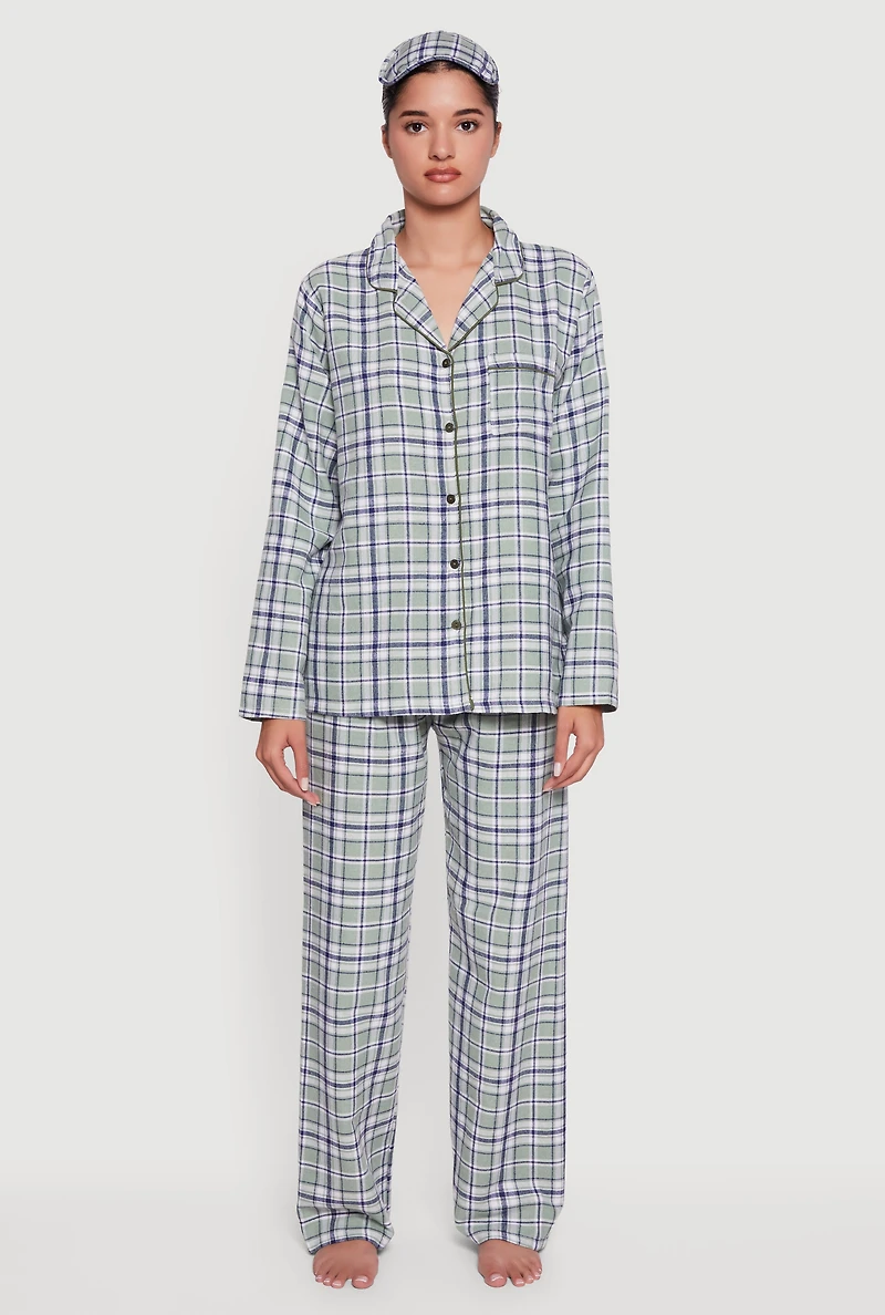 Plaid Button Front Flannel Pajama Gift Set with Mask