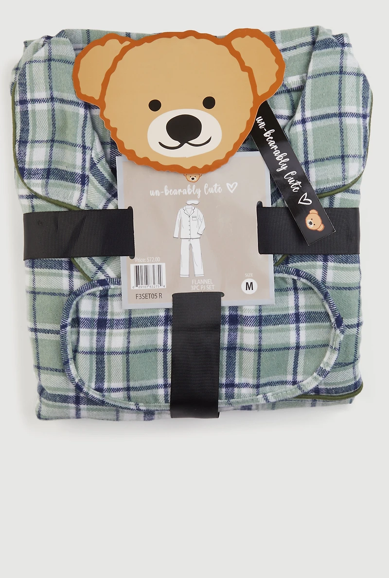 Plaid Button Front Flannel Pajama Gift Set with Mask, Green, Size L