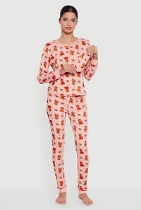 Waffle Knit Thermal Teddy Bear Pajama Gift Set, Pink, Size M