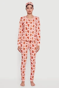 Waffle Knit Thermal Teddy Bear Pajama Gift Set, Pink, Size M