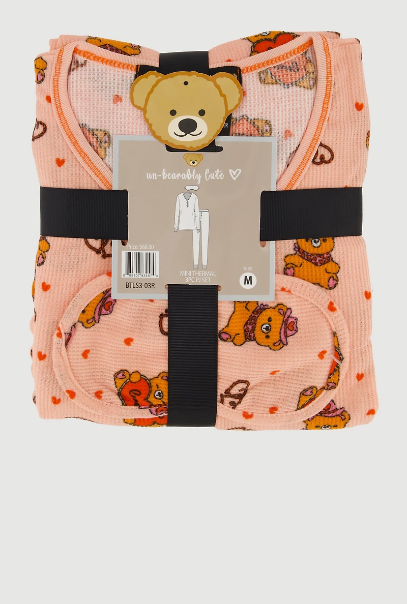 Waffle Knit Thermal Teddy Bear Pajama Gift Set, Pink, Size M