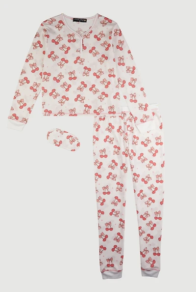Cherry Bow Graphic Waffle Knit Thermal Pajama Gift Set