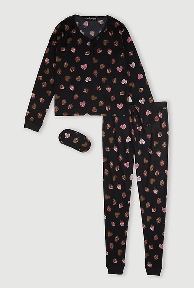 Strawberry Heart Print Waffle Knit Thermal Pajama Gift Set, Black, Size M