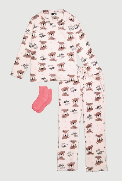 Cozy Plush Teddy Bear Print 3 Piece Pajama Gift Set, White,