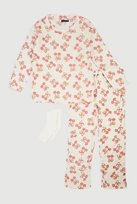 Cherry Bow Print Plush Pajama 3 Piece Gift Set