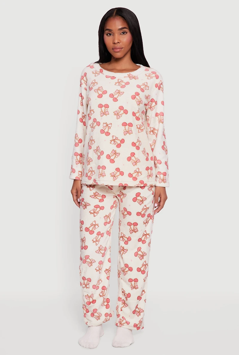 Cherry Bow Print Plush Pajama 3 Piece Gift Set
