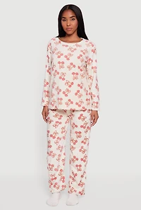 Cherry Bow Print Plush Pajama 3 Piece Gift Set