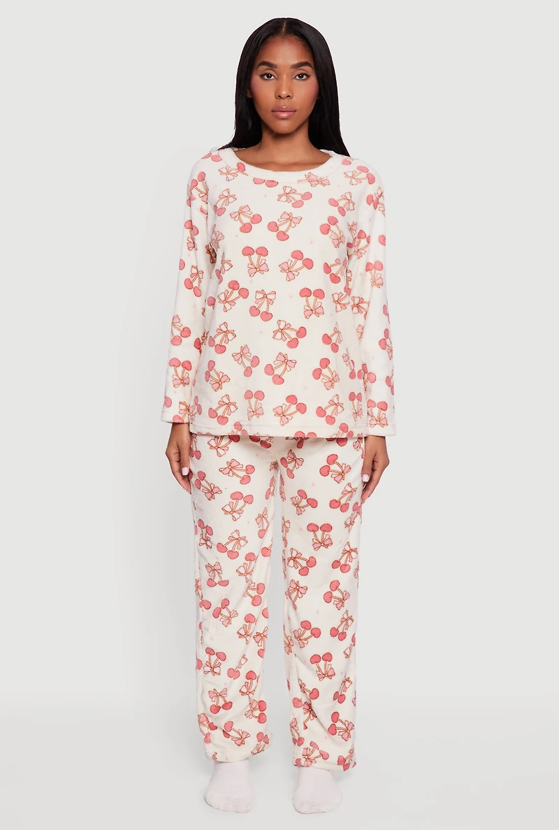 Cherry Bow Print Plush Pajama 3 Piece Gift Set