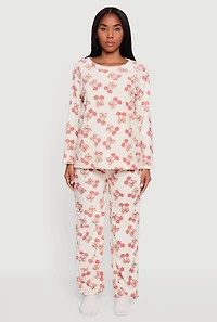 Cherry Bow Print Plush Pajama 3 Piece Gift Set