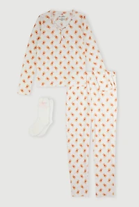 Waffle Knit Teddy Bear Patterned Thermal Pajama Gift Set