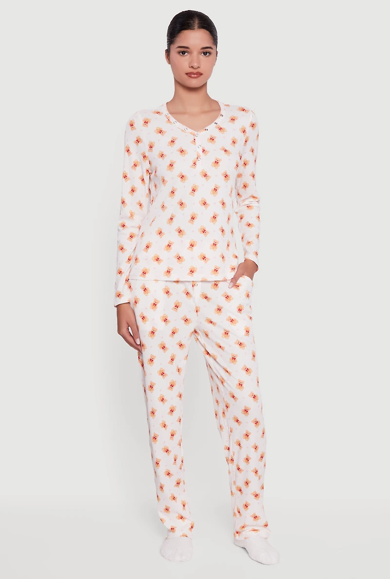 Waffle Knit Teddy Bear Patterned Thermal Pajama Gift Set