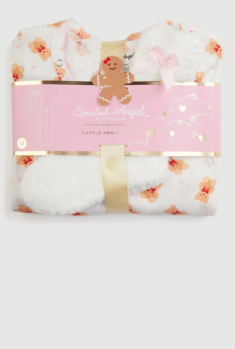 Waffle Knit Teddy Bear Patterned Thermal Pajama Gift Set