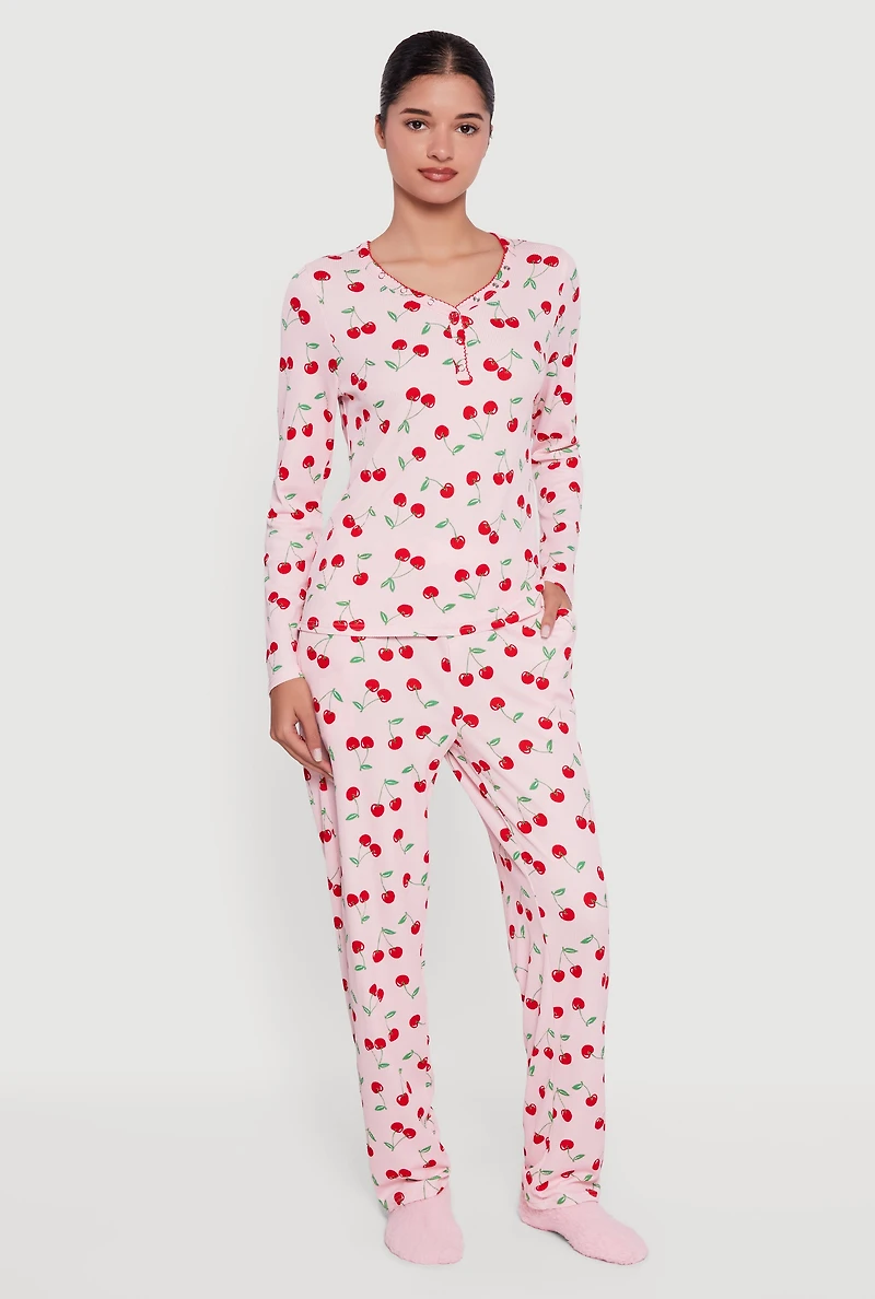 Waffle Knit Cherry Print Thermal Pajama Gift Set