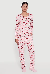 Waffle Knit Cherry Print Thermal Pajama Gift Set