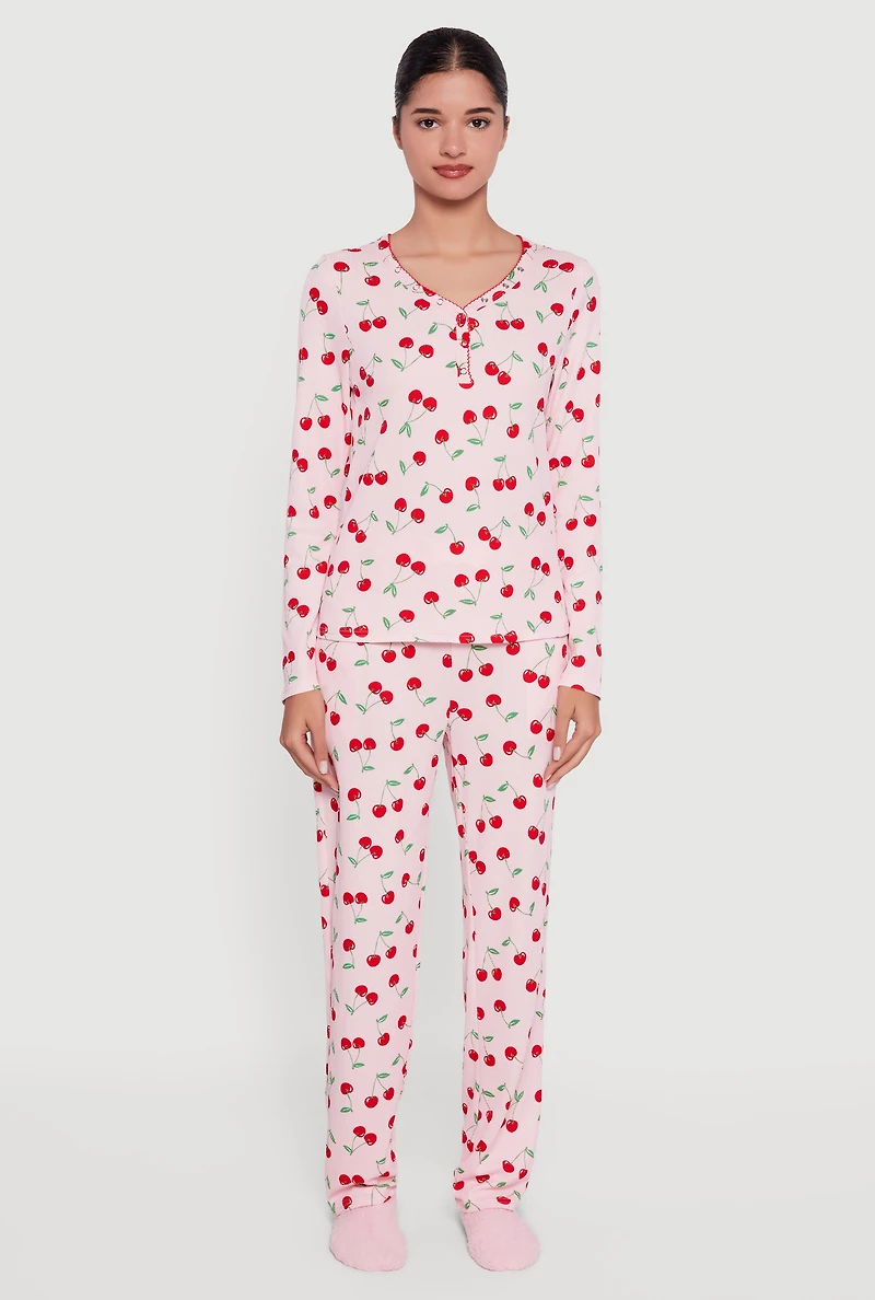Waffle Knit Cherry Print Thermal Pajama Gift Set