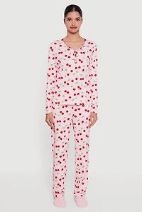Waffle Knit Cherry Print Thermal Pajama Gift Set
