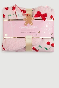 Waffle Knit Cherry Print Thermal Pajama Gift Set, Pink, Size M