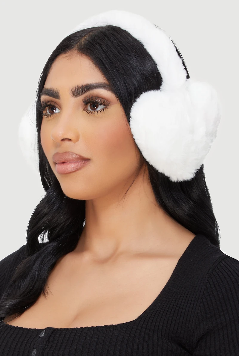 Womens Faux Fur Heart Earmuffs, White