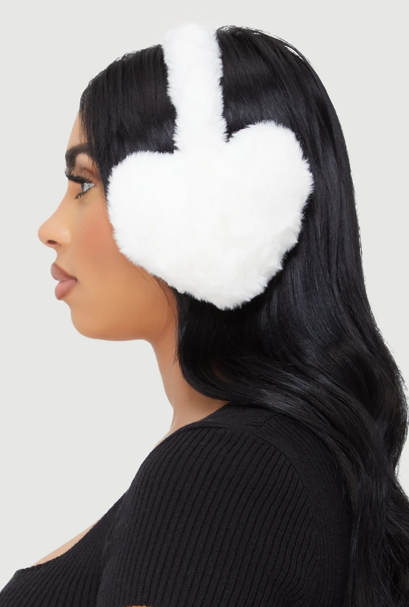 Womens Faux Fur Heart Earmuffs, White