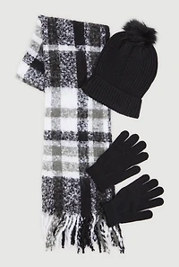 Plaid Scarf with Cable Knit Beanie and Gloves