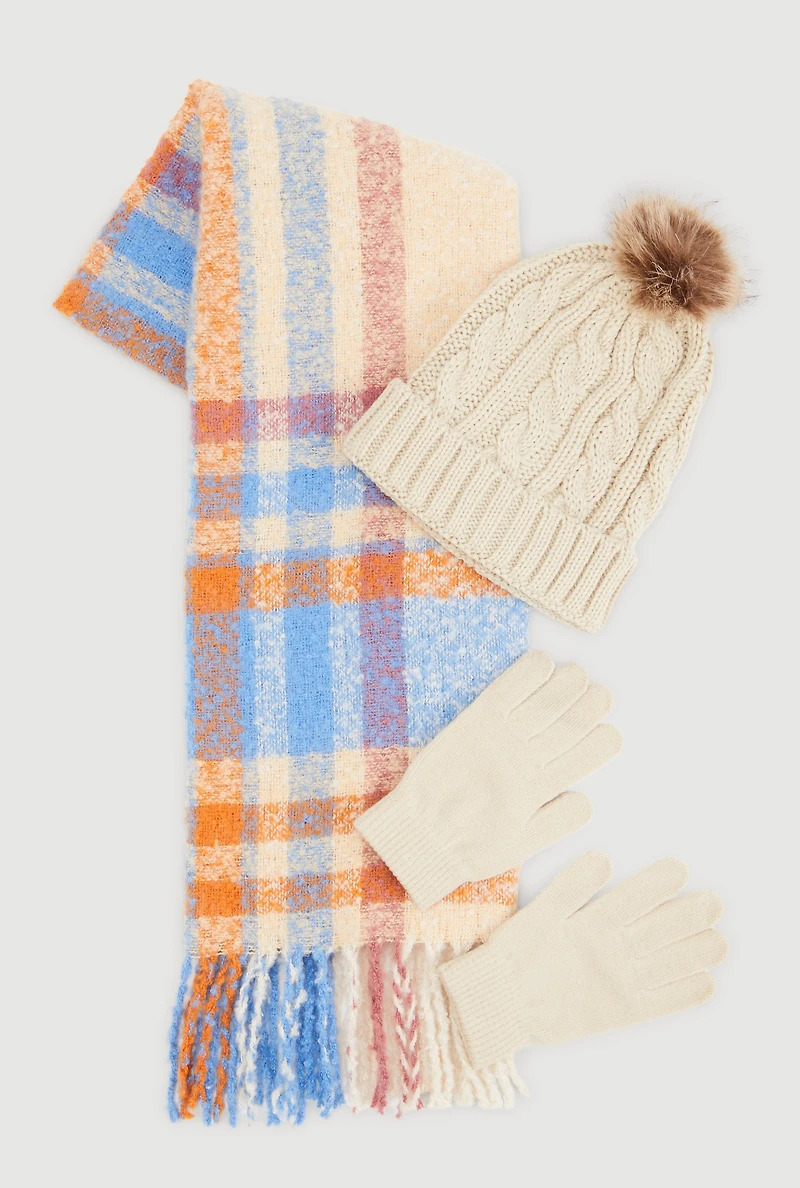 Womens Plaid Scarf with Cable Knit Beanie and Gloves, Beige