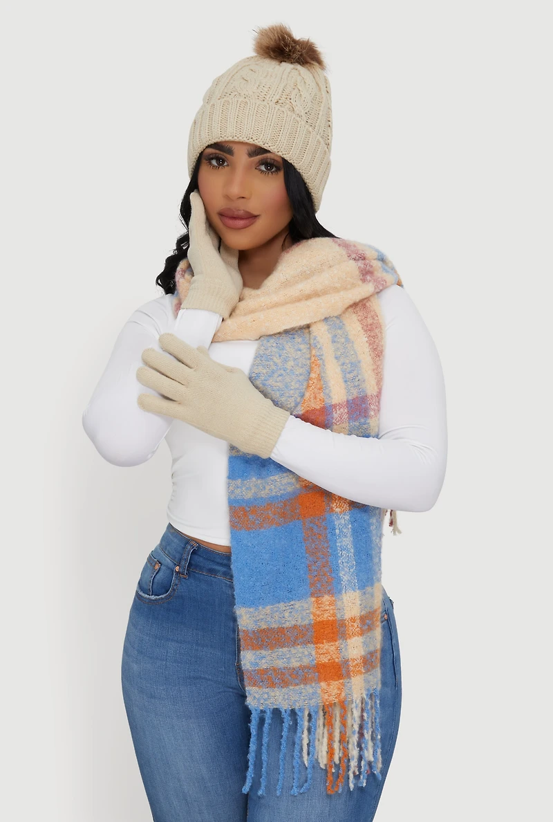 Womens Plaid Scarf with Cable Knit Beanie and Gloves, Beige