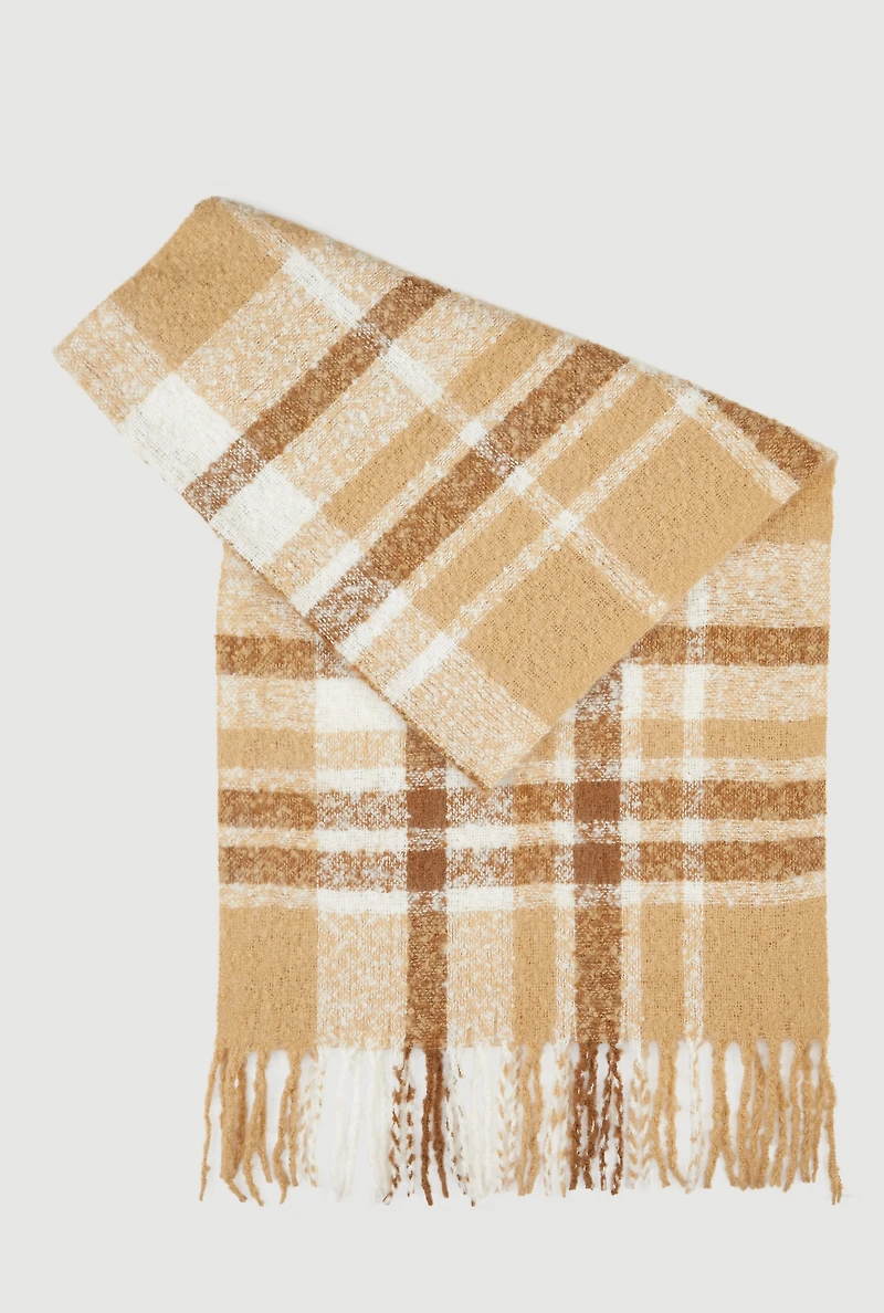 Womens Fringe Detail Plaid Scarf, Beige