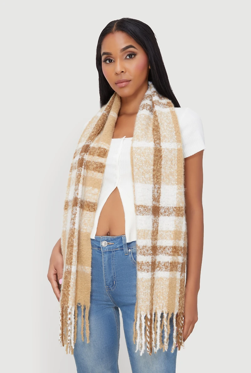 Womens Fringe Detail Plaid Scarf, Beige
