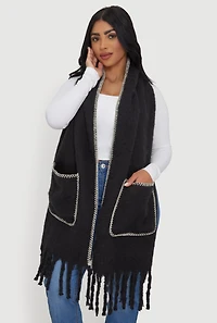 Trendy Fringe Boucle Scarf with Pockets