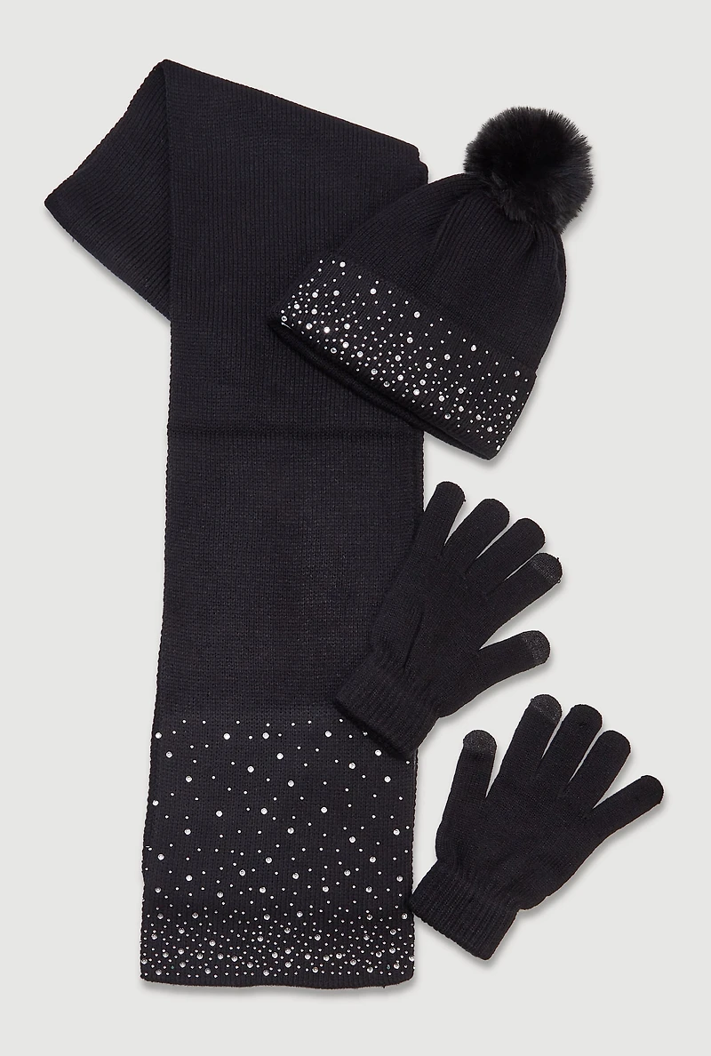 Womens Rhinestone Detail Beanie with Long Scarf and Texting Gloves, Black