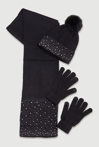 Womens Rhinestone Detail Beanie with Long Scarf and Texting Gloves, Black
