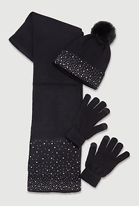Womens Rhinestone Detail Beanie with Long Scarf and Texting Gloves, Black