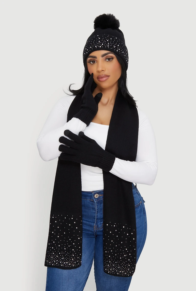 Womens Rhinestone Detail Beanie with Long Scarf and Texting Gloves, Black