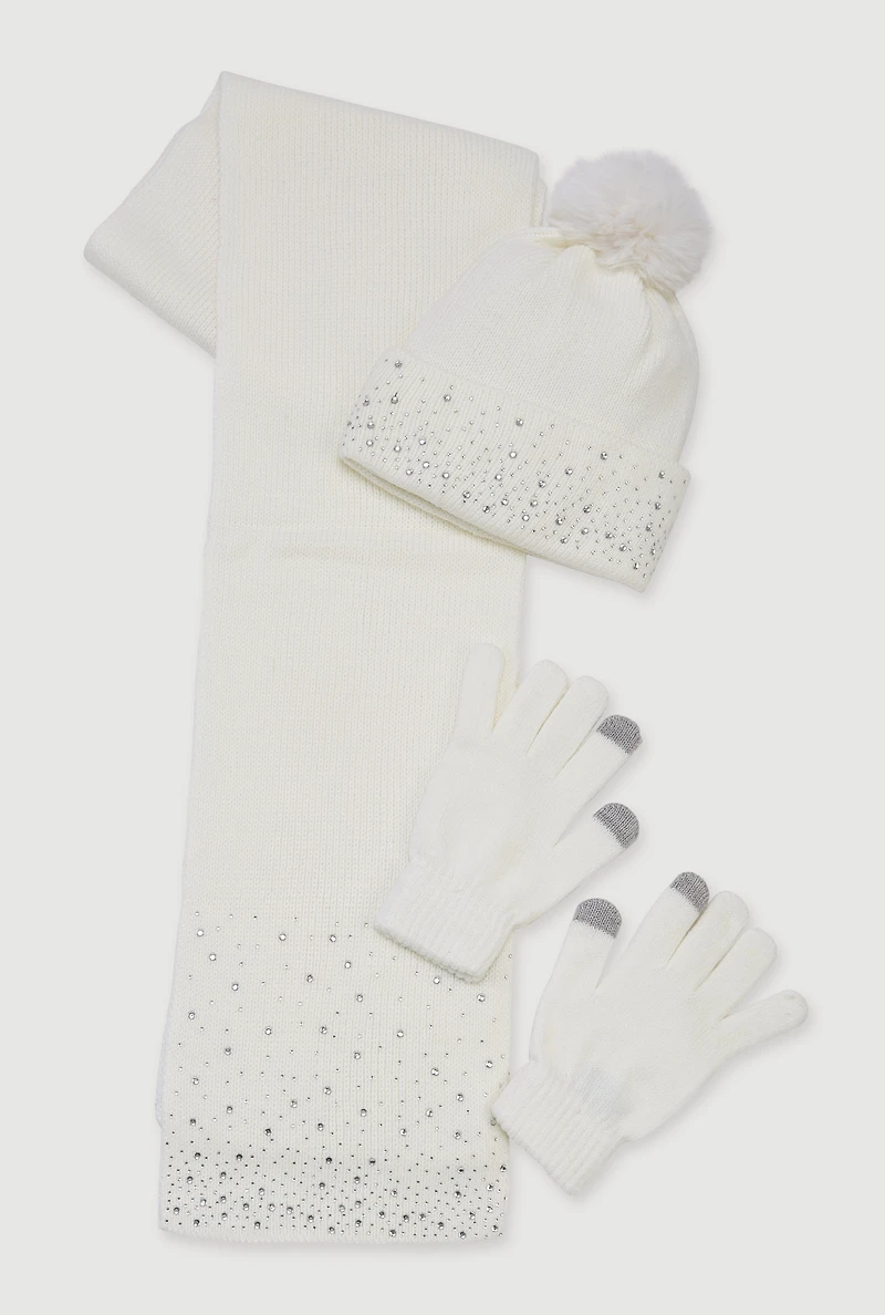 Rhinestone Detail Beanie with Long Scarf and Texting Gloves