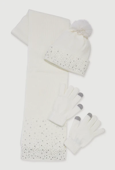 Rhinestone Detail Beanie with Long Scarf and Texting Gloves