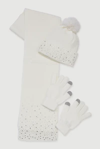 Rhinestone Detail Beanie with Long Scarf and Texting Gloves
