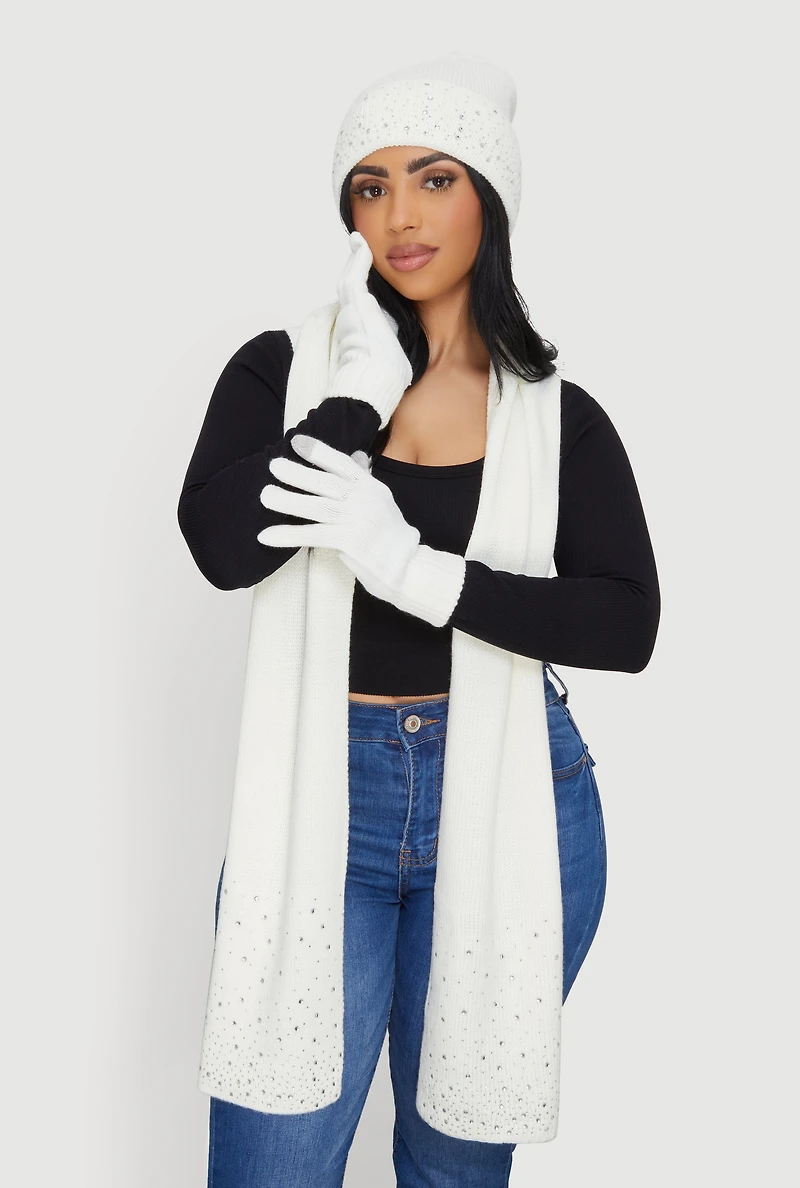 Rhinestone Detail Beanie with Long Scarf and Texting Gloves